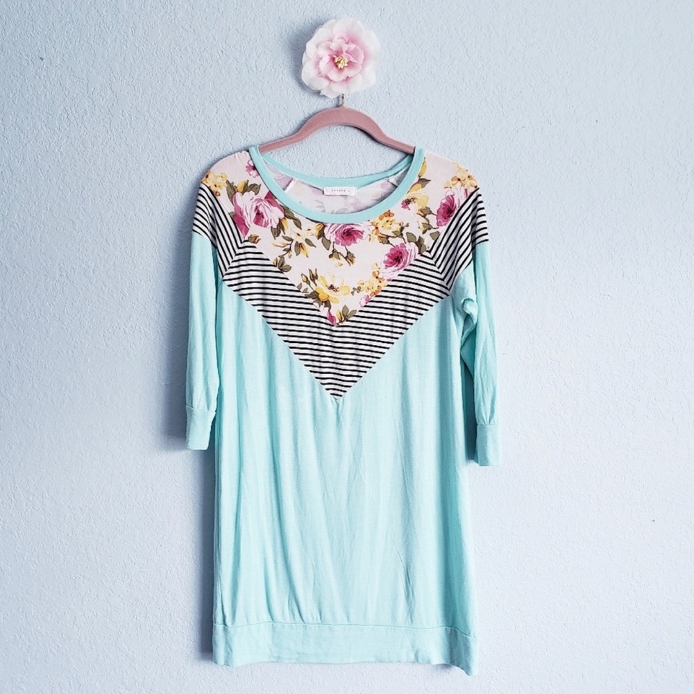 Reborn J Teal Striped Floral Tunic